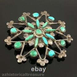 Native American Zuni Handmade Silver & Natural Turquoise Star Flower Pin Brooch