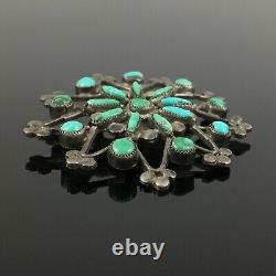 Native American Zuni Handmade Silver & Natural Turquoise Star Flower Pin Brooch