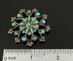 Native American Zuni Handmade Silver & Natural Turquoise Star Flower Pin Brooch