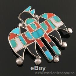 Native American Zuni Handmade Silver Stone Inlay Thunderbird Pin Brooch