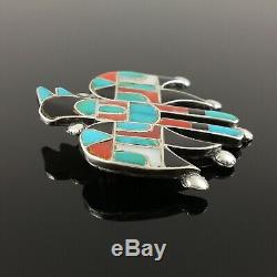 Native American Zuni Handmade Silver Stone Inlay Thunderbird Pin Brooch
