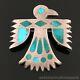 Native American Zuni Handmade Silver & Turquoise Inlay Thunderbird Pin Brooch