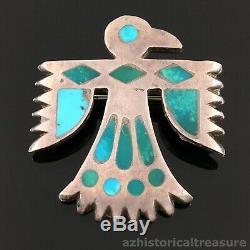 Native American Zuni Handmade Silver & Turquoise Inlay Thunderbird Pin Brooch