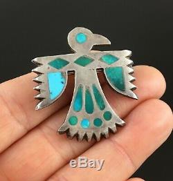 Native American Zuni Handmade Silver & Turquoise Inlay Thunderbird Pin Brooch