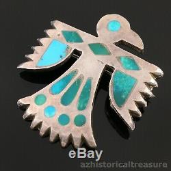 Native American Zuni Handmade Silver & Turquoise Inlay Thunderbird Pin Brooch