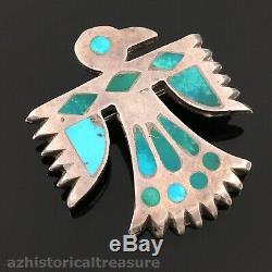 Native American Zuni Handmade Silver & Turquoise Inlay Thunderbird Pin Brooch