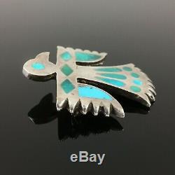 Native American Zuni Handmade Silver & Turquoise Inlay Thunderbird Pin Brooch