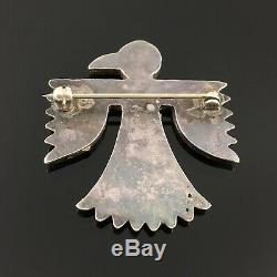 Native American Zuni Handmade Silver & Turquoise Inlay Thunderbird Pin Brooch