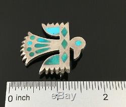 Native American Zuni Handmade Silver & Turquoise Inlay Thunderbird Pin Brooch