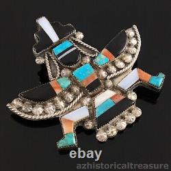 Native American Zuni Handmade Sterling Silver Mosaic Inlay Knifewing Pin