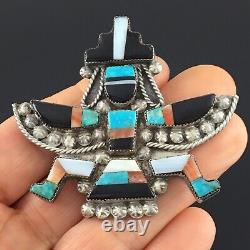 Native American Zuni Handmade Sterling Silver Mosaic Inlay Knifewing Pin