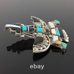 Native American Zuni Handmade Sterling Silver Mosaic Inlay Knifewing Pin