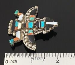 Native American Zuni Handmade Sterling Silver Mosaic Inlay Knifewing Pin