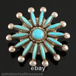 Native American Zuni Handmade Sterling Silver Turquoise Needlepoint Pin Pendant