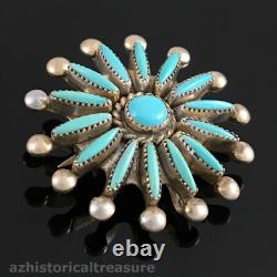 Native American Zuni Handmade Sterling Silver Turquoise Needlepoint Pin Pendant