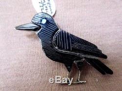 Native American Zuni Inlaid Jet Raven Pendant/Pin by Stephen Lonjose JP0148