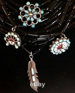Native American Zuni Inlay Charm Pin Pendant On Black Onyx Necklace Southwestern