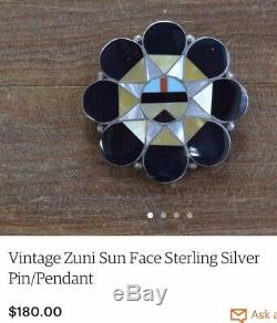 Native American Zuni Inlay Charm Pin Pendant On Black Onyx Necklace Southwestern