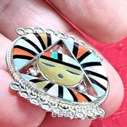 Native American Zuni Inlay Kachina Sterling Pendant-pin. Sun Triangle Face