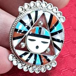 Native American Zuni Inlay Kachina Sterling Pendant-pin. Sun Triangle Face