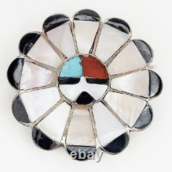 Native American Zuni Inlay Sterling Silver Turquoise Coral Sunface Brooch Pin