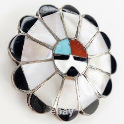 Native American Zuni Inlay Sterling Silver Turquoise Coral Sunface Brooch Pin
