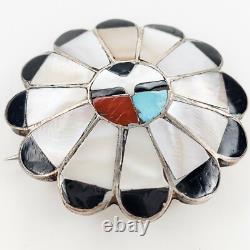 Native American Zuni Inlay Sterling Silver Turquoise Coral Sunface Brooch Pin
