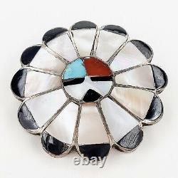 Native American Zuni Inlay Sterling Silver Turquoise Coral Sunface Brooch Pin