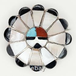 Native American Zuni Inlay Sterling Silver Turquoise Coral Sunface Brooch Pin