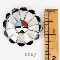 Native American Zuni Inlay Sterling Silver Turquoise Coral Sunface Brooch Pin