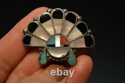 Native American Zuni Inlay Sunface Pin Turquoise Coral MOP Onyx Sterling Silver