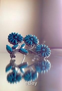 Native American Zuni J. Laate Signed Petit Point Turquoise Blooming Flower Pin