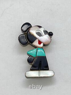 Native American Zuni MOP Onyx Turquoise Mickey Mouse Pin Pendant 1-5/8 7.1g