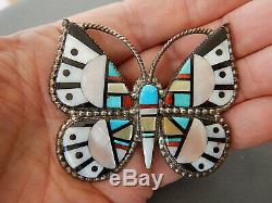 Native American Zuni Multi-Stone Inlay Sterling Silver Butterfly Pendant Pin OC