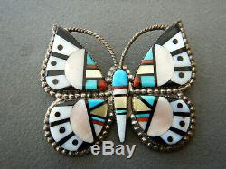 Native American Zuni Multi-Stone Inlay Sterling Silver Butterfly Pendant Pin OC