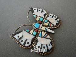 Native American Zuni Multi-Stone Inlay Sterling Silver Butterfly Pendant Pin OC