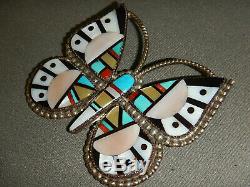 Native American Zuni Multi-Stone Inlay Sterling Silver Butterfly Pendant Pin OC