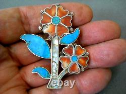 Native American Zuni MultiStone Flowers Inlay Sterling Silver Brooch Pin 2.3