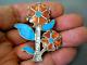 Native American Zuni Multistone Flowers Inlay Sterling Silver Brooch Pin 2.3