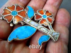 Native American Zuni MultiStone Flowers Inlay Sterling Silver Brooch Pin 2.3