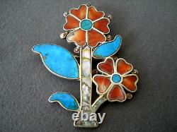 Native American Zuni MultiStone Flowers Inlay Sterling Silver Brooch Pin 2.3