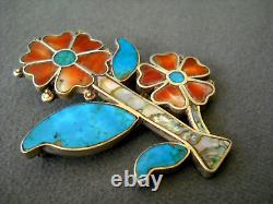 Native American Zuni MultiStone Flowers Inlay Sterling Silver Brooch Pin 2.3