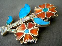 Native American Zuni MultiStone Flowers Inlay Sterling Silver Brooch Pin 2.3