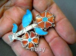 Native American Zuni MultiStone Flowers Inlay Sterling Silver Brooch Pin 2.3