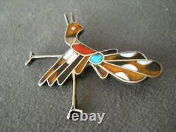 Native American Zuni MultiStone Inlay Sterling Silver Roadrunner Bird Pin Brooch