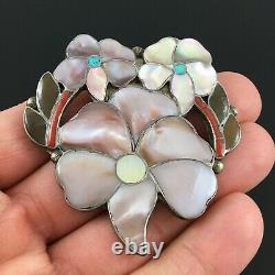 Native American Zuni Silver Inlay Flower Pendant Pin Anselm & Rosita Wallace