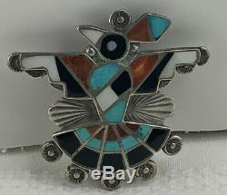 Native American Zuni Silver Mosaic Inlay Thunderbird Pin Brooch