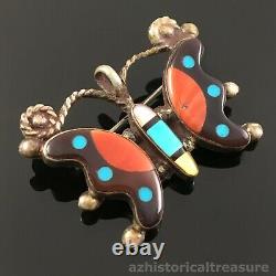 Native American Zuni Silver Multi-stone Inlay Butterfly Pendant Pin Brooch