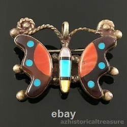 Native American Zuni Silver Multi-stone Inlay Butterfly Pendant Pin Brooch