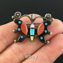 Native American Zuni Silver Multi-stone Inlay Butterfly Pendant Pin Brooch